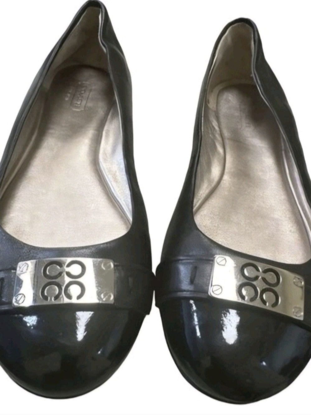 Coach Black Patent Leather Ballet Flats with Silver Logo Plaque